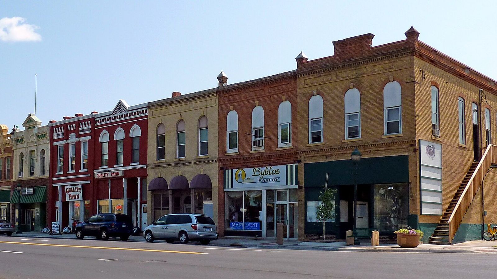 A row of 19th-century brick storefronts in the North Front Street historic district of Mankato.